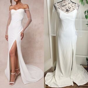 Lulus Eternally Beloved White Mesh Off-the-Shoulder Pearl Maxi Dress Sz S